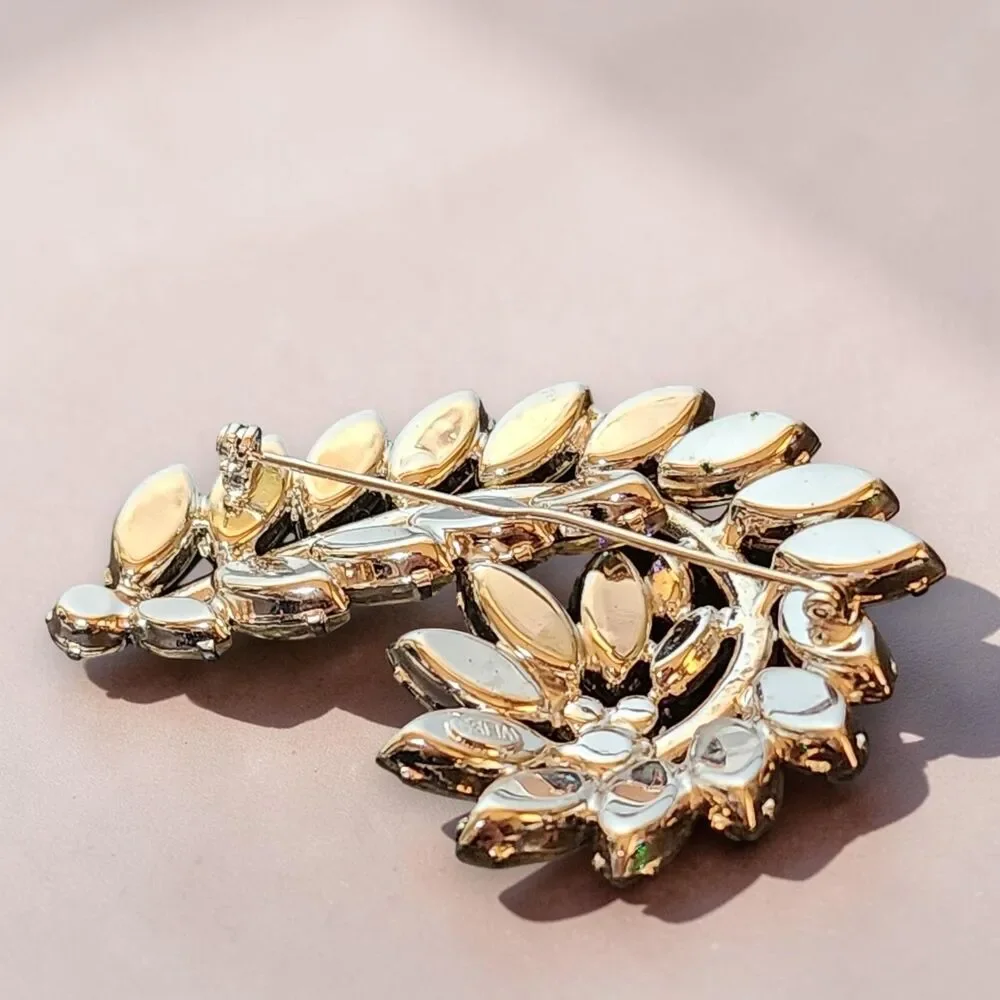 VTG AB Rhinestone Floral Leaf Brooch Pin Large 3